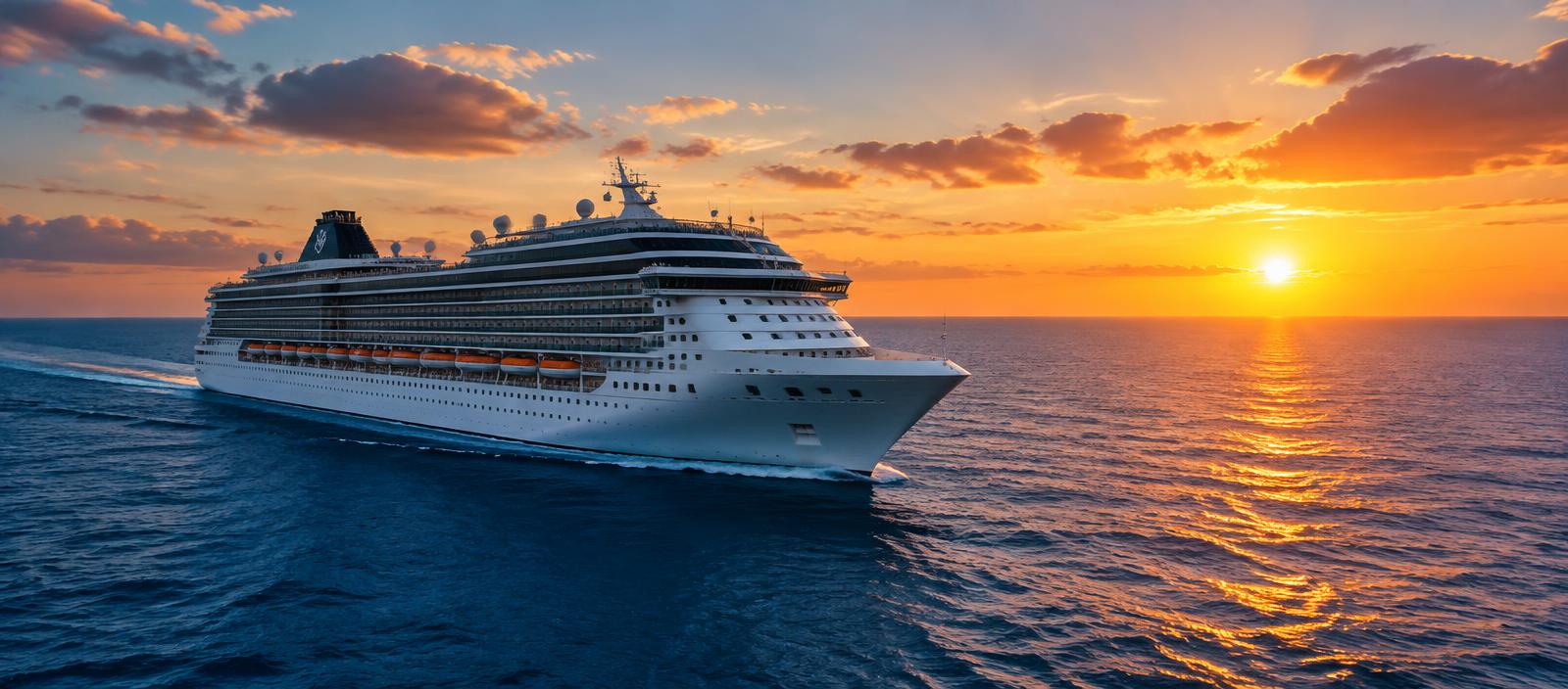Cruise ship sailing the open ocean at sunset